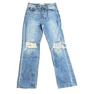 KanCan Women 5/26 Distressed High Rise Straight Leg Jeans Medium Wash Button Fly